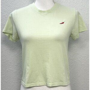 WILD FABLE Womens XS Mint Green Crop Top S/S T-SHIRT Red Chili Embroidery EUC